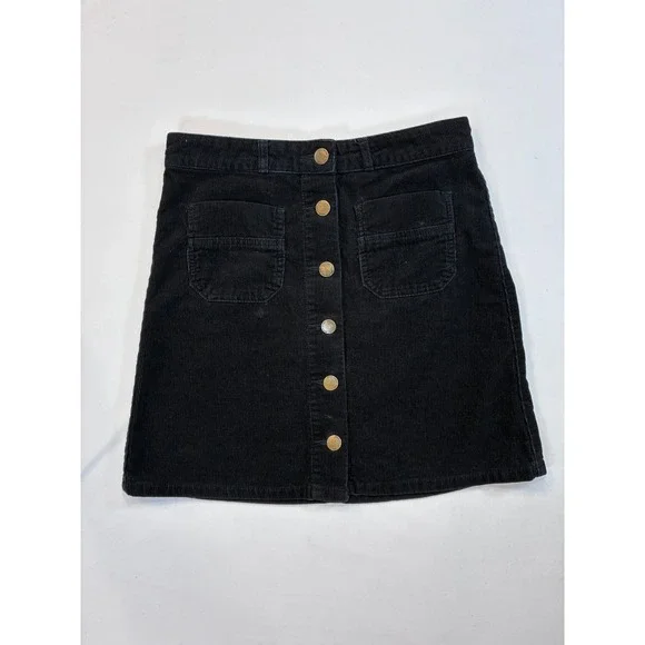 DENIM CO Black Dark Academia Corduroy Button A Line Winter Mini Skirt Size 2 - Picture 1 of 9